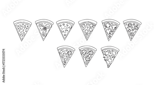 Collection of hand drawn pizza slice silhouettes with various toppings