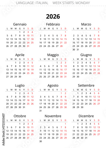 Simple 2026 Italian calendar. Clear png illustration for Italy