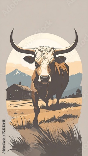 A longhorn cattle illustration in a pastoral setting