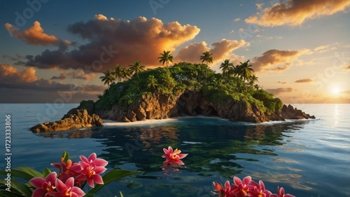 Tropical island at sunset surrounded by calm waters, featuring lush greenery and vibrant flowers