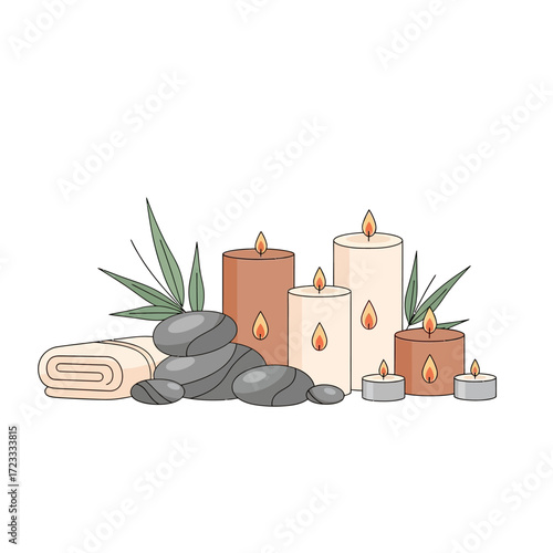 Serene spa and wellness composition featuring lit aromatherapy candles, stacked hot stones, a soft towel, and bamboo leaves for relaxation