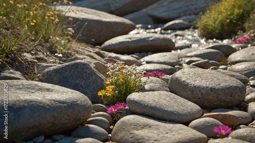 Tranquil riverbed adorned with colorful wildflowers and smooth stones under sunlight in nature