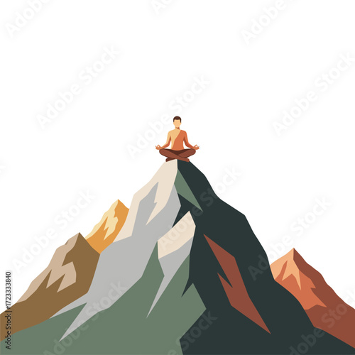 Serene vector illustration of a person meditating in lotus pose on a mountain peak, symbolizing tranquility, mindfulness, and spiritual journey