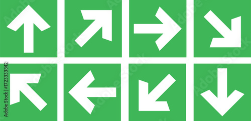 Emergency Exit Icon set. Vector illustration of running man and exit door sign. Green and red, black emergency exit direction sign set. Evacuation and relocation of people to safety.

