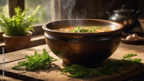 A steaming bowl of homemade vegetable soup garnished with fresh herbs on a rustic wooden table