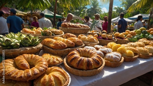 Vibrant outdoor market scene showcasing a variety of fresh pastries and fruits under palm trees