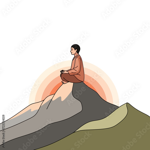 A solitary figure finds inner harmony and spiritual peace, meditating amidst the breathtaking tranquility of a mountain peak as the golden sun rises
