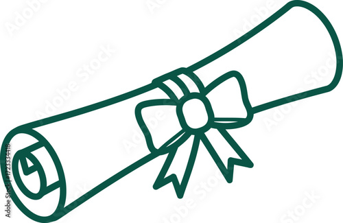 A simple green outline drawing of a rolled diploma or certificate tied with a ribbon and bow.