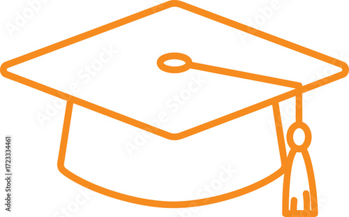 An orange line art icon of a mortarboard graduation cap with a tassel, a symbol of academic achievement and commencement.
