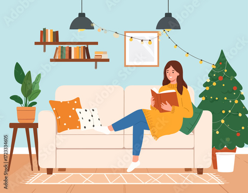 A woman relaxes on a cream-colored sofa in a cozy living room, reading a book near a decorated Christmas tree.
