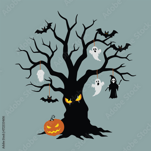 Spooky Halloween tree with ghosts, bats, grim reaper and pumpkin