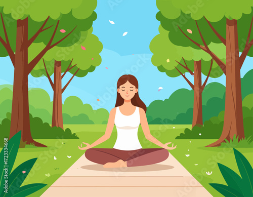 A woman meditating in a park, sitting in a lotus position on a path surrounded by trees and greenery.