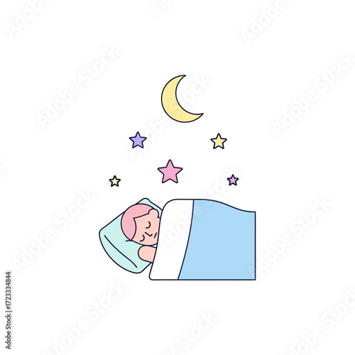 Cute illustration of a person in deep sleep, dreaming peacefully under a crescent moon and stars. Concept for healthy rest, relaxation, and bedtime
