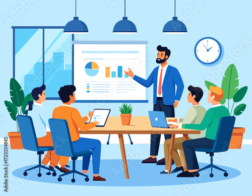 A bearded man presents data on a screen to a group of colleagues seated around a table in a bright, modern office space.