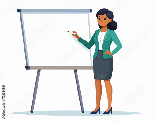 Woman in a green blazer stands presenting at a blank whiteboard on a tripod stand, holding a marker.