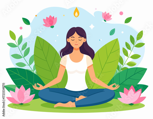 A woman with closed eyes is meditating in a lotus position, surrounded by green leaves and pink lotus flowers.