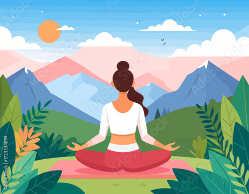 A woman sits in a lotus yoga position on a mat, facing mountains, trees, and a bright sun in a serene outdoor setting.
