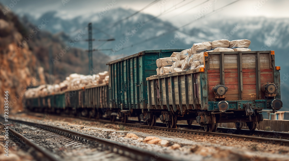 Fototapeta premium A train with a green car is on the tracks