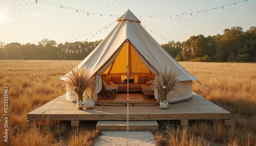 Beige tent on wooden platform in golden field landscape. Glamping vacation, nature relaxation. Cosy warm rustic shelter, floral decor, pampas grass arrangement. Stylish elegant get-away event,