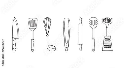 Collection of kitchen utensils in a stylized silhouette silhouette