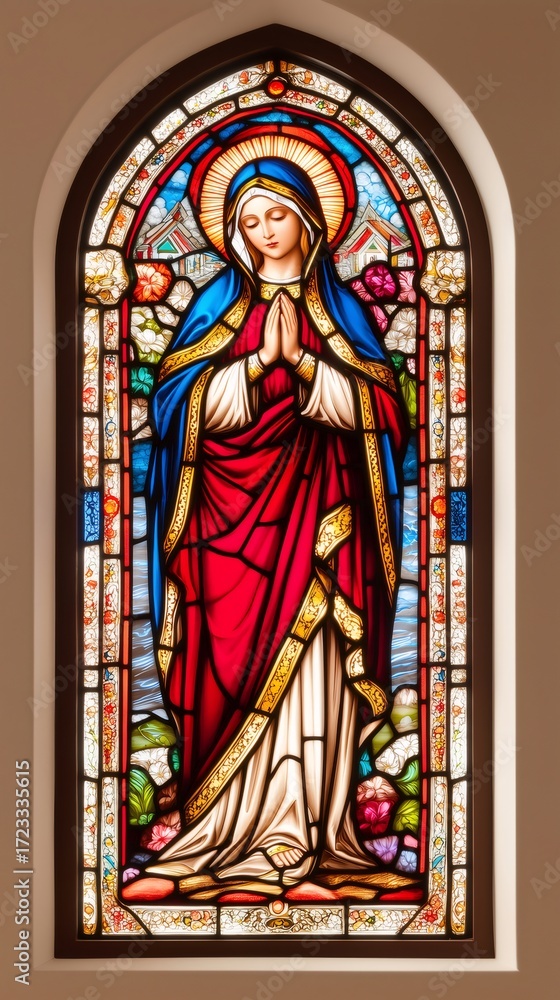 Fototapeta premium Virgin Mary praying in stained glass window