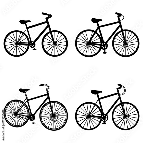 Four bicycle silhouettes arranged in a square pattern with varying handlebar designs and seat positions