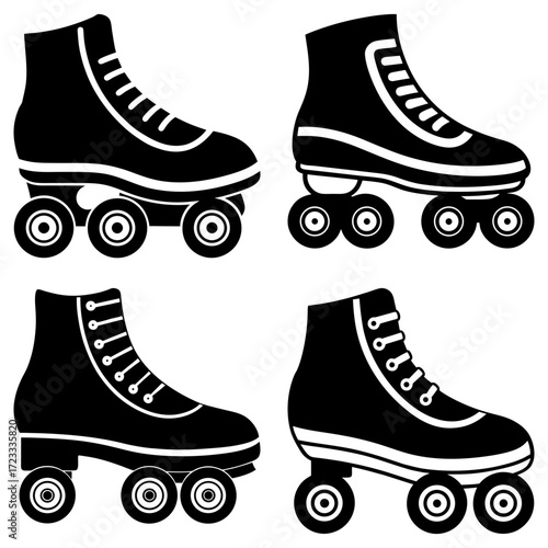 Four roller skates in black and white showcasing different styles and designs of the classic footwear