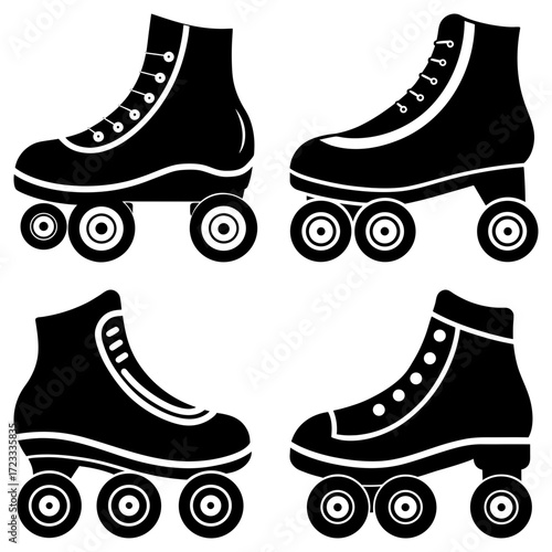 Four black roller skates in varied styles with wheels and laces on a white background illustration