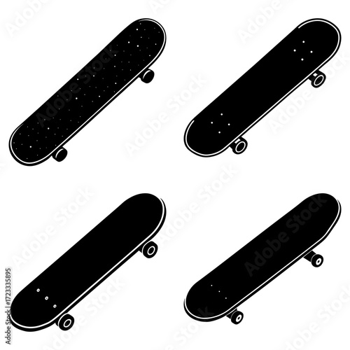 Four black and white skateboards displayed in a grid pattern on a plain white background illustration