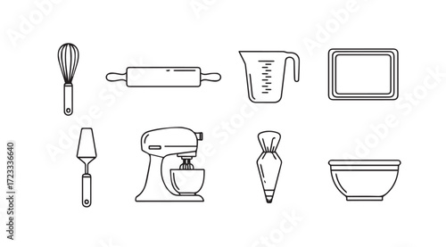 Collection of baking utensils and appliances in a simple silhouette style
