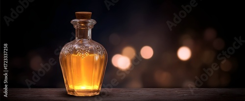 The magic potion shimmered gently inside an ornate vintage glass bottle.