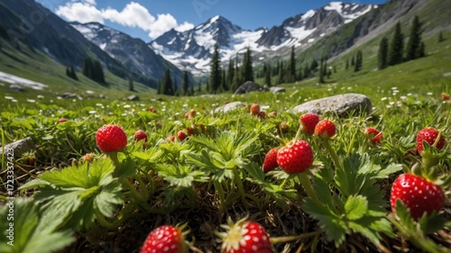 Lush green meadow filled with vibrant strawberries, surrounded by majestic mountains under a clear sky