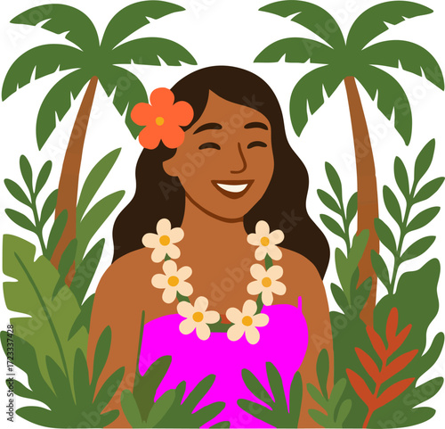 Smiling woman with floral lei and top framed by palm trees and tropical foliage.isolated on transparent background