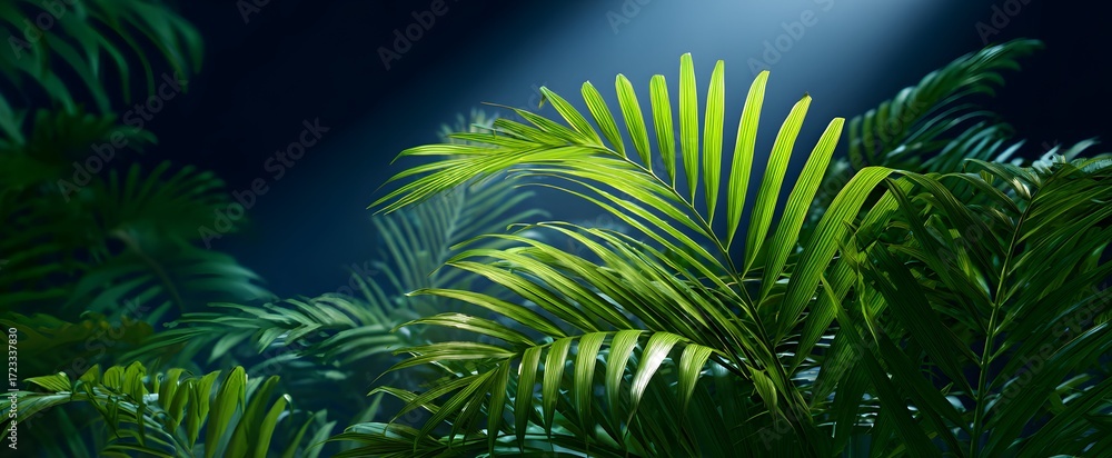 Fototapeta premium Palm leaves form a vibrant green tropical backdrop highlighted by dramatic lighting.