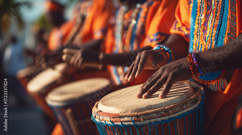 Junkanoo Festival Drummers Playing Traditional Caribbean Rhythms with Vibrant Orange Costumes and Beaded Details