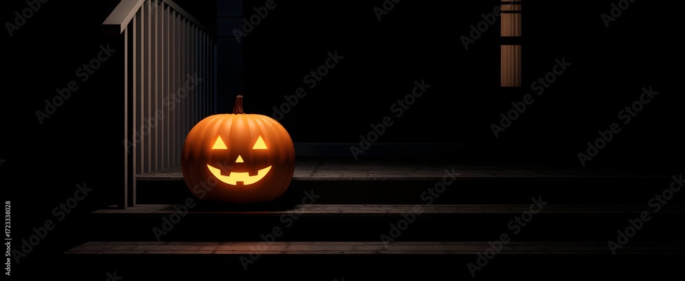 Fototapeta premium The pumpkin lantern emits a gentle warm light on the rustic porch steps.