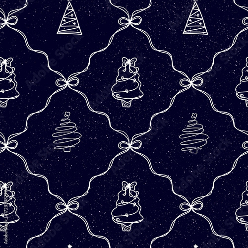 Christmas themed pattern with decorated trees and bows on a dark background for festive occasions