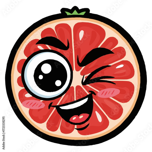 Winking Cartoon Grapefruit Slice Character, Funny Citrus Fruit Mascot Illustration, Happy Grapefruit with a Playful Wink Vector, children's content, healthy eating campaigns, and any design needing.