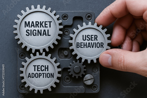 Innovative strategy gears represent framework connecting market signal user behavior and tech adoption for business growth and analysis