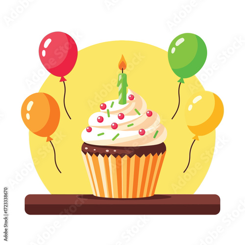 Happy Birthday Cupcake with Balloons and Candle Celebration