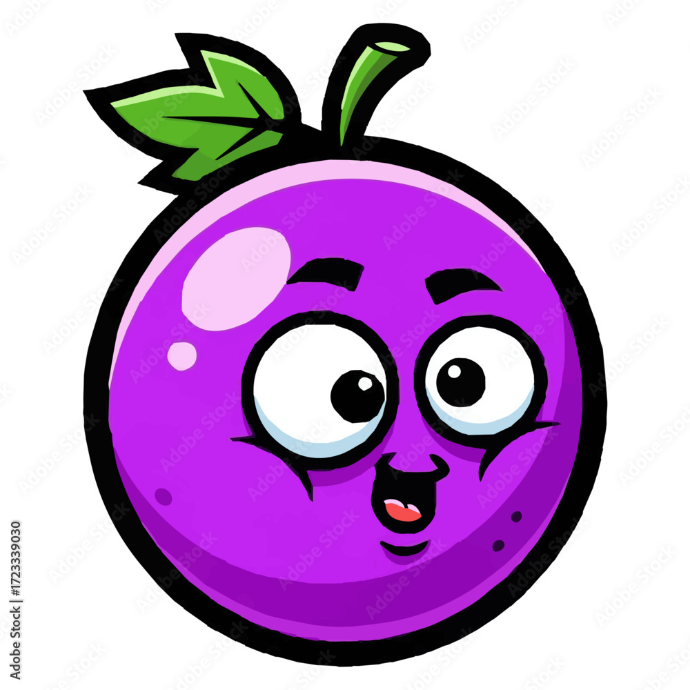 Obraz premium Surprised Cartoon Purple Grape Character, Funny Berry Mascot with Puffy Cheeks, Astonished Grape with Leaf Illustration, food-related humor, healthy eating campaigns, and engaging marketing materials