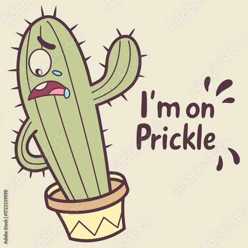 Vector art of a sad cactus in a pot with the text im on prickle