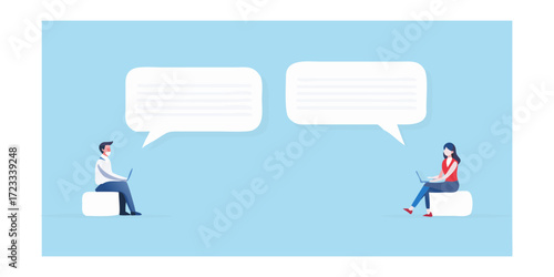 Two people communicating online with speech bubbles above their heads and laptops in front of them