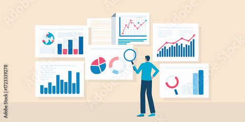 Man analyzing financial data charts and graphs with a magnifying glass for business insights