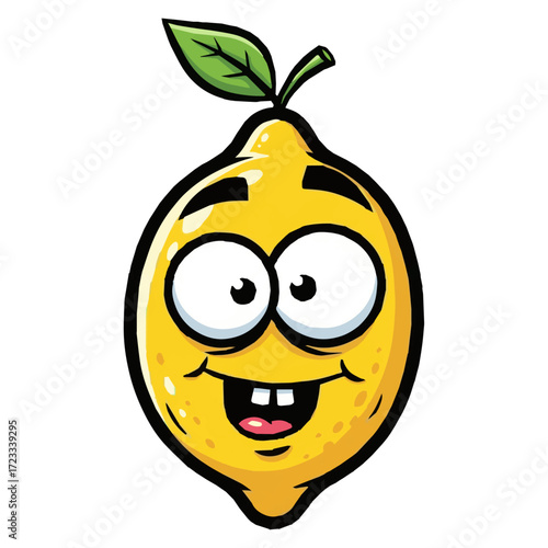 Happy Goofy Lemon Cartoon Character, Funny Citrus Fruit Mascot Illustration, Smiling Lemon with Buck Teeth Graphic, children's content, and any project needing a funny, engaging, and happy.