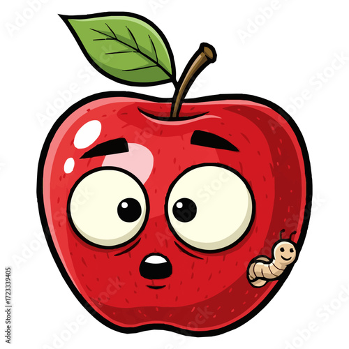 Surprised Cartoon Red Apple with Worm, Funny Shocked Fruit Character Graphic, Apple Mascot Discovering a Pest Illustration, children's content, or any project needing an amusing, expressive.