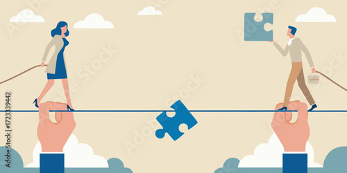 Two business people walking a tightrope while holding puzzle pieces symbolizing teamwork and problem solving