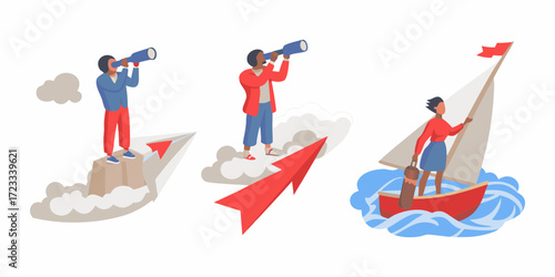 Diverse business people using spyglasses and sailing a boat towards future opportunities and success