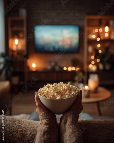 A person in a knitted sweater holds a bowl of popcorn while sitting on a sofa, with a blurred TV screen and glowing lights in the background.