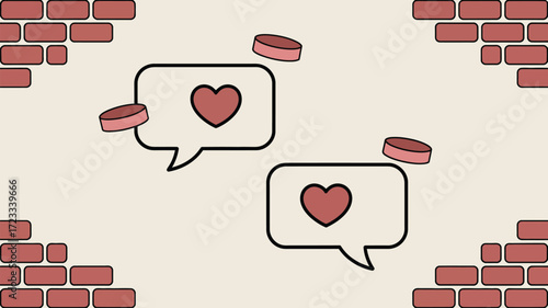 Two speech bubbles containing hearts with bricks and discs on a beige background illustration